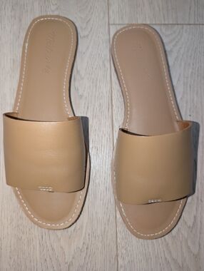 Madewell Tan Leather Wide-Band Slide Sandals